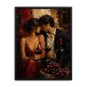 Romantic couple wine canvas art in deep red tones for dining room decor.