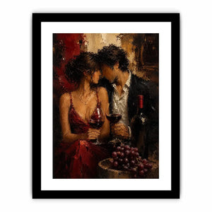 Romantic couple wine canvas art in deep red tones for dining room decor.