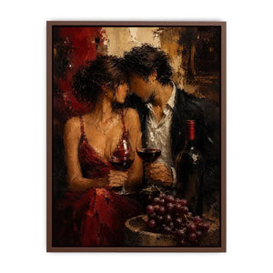 Romantic couple wine canvas art in deep red tones for dining room decor.