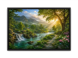 Lush mountain river landscape canvas art with waterfall for living room decor.