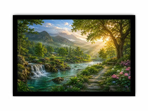 Lush mountain river landscape canvas art with waterfall for living room decor.