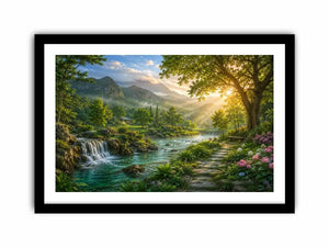 Lush mountain river landscape canvas art with waterfall for living room decor.