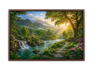 Lush mountain river landscape canvas art with waterfall for living room decor.
