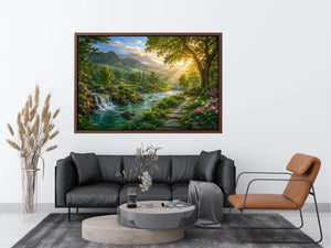 Lush mountain river landscape canvas art with waterfall for living room decor.