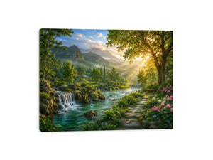 Lush mountain river landscape canvas art with waterfall for living room decor.