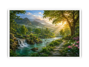 Lush mountain river landscape canvas art with waterfall for living room decor.