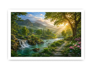Lush mountain river landscape canvas art with waterfall for living room decor.