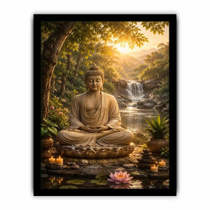 Peaceful Buddha meditation canvas art with lotus and waterfall for serene home decor.