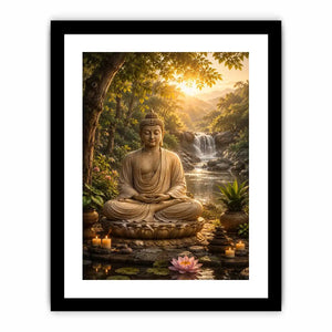 Peaceful Buddha meditation canvas art with lotus and waterfall for serene home decor.