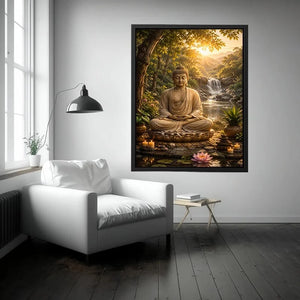 Peaceful Buddha meditation canvas art with lotus and waterfall for serene home decor.