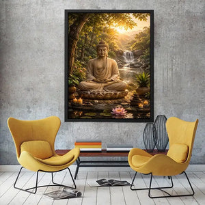 Peaceful Buddha meditation canvas art with lotus and waterfall for serene home decor.