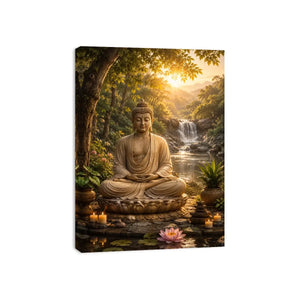 Peaceful Buddha meditation canvas art with lotus and waterfall for serene home decor.