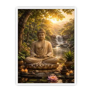 Peaceful Buddha meditation canvas art with lotus and waterfall for serene home decor.
