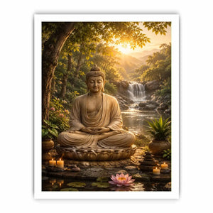 Peaceful Buddha meditation canvas art with lotus and waterfall for serene home decor.
