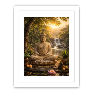 Peaceful Buddha meditation canvas art with lotus and waterfall for serene home decor.