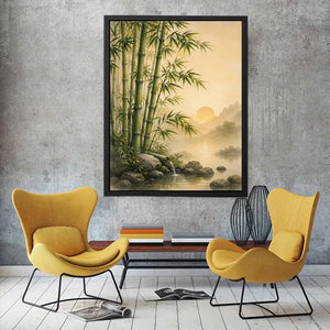 Asian bamboo landscape canvas art for calm bedroom or office decor.