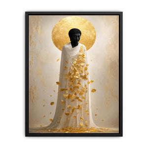 Spiritual Buddha canvas art with gold leaves for serene luxury decor.