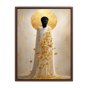 Spiritual Buddha canvas art with gold leaves for serene luxury decor.
