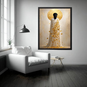 Spiritual Buddha canvas art with gold leaves for serene luxury decor.