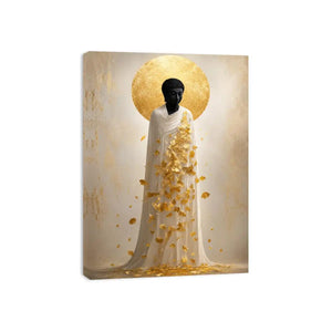 Spiritual Buddha canvas art with gold leaves for serene luxury decor.