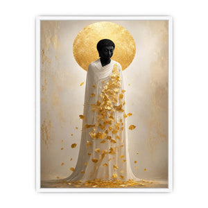 Spiritual Buddha canvas art with gold leaves for serene luxury decor.