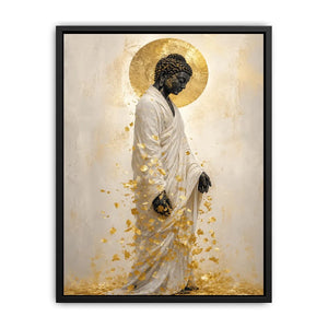 Elegant Buddha portrait canvas art with gold leaves for calm interiors.