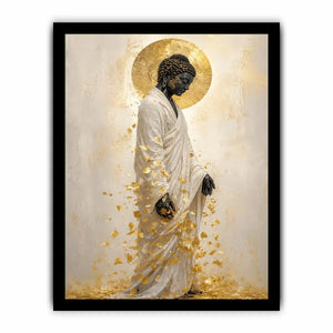 Elegant Buddha portrait canvas art with gold leaves for calm interiors.