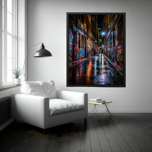 Neon graffiti alley canvas art for modern urban office decor.