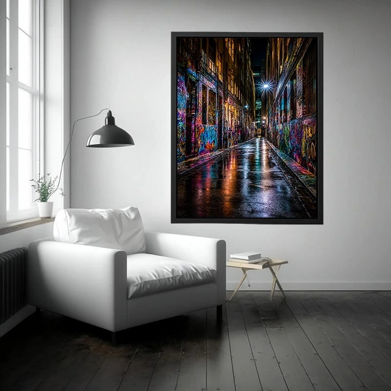 Neon graffiti alley canvas art for modern urban office decor.