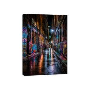 Neon graffiti alley canvas art for modern urban office decor.
