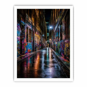 Neon graffiti alley canvas art for modern urban office decor.