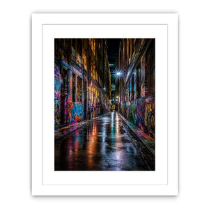 Neon graffiti alley canvas art for modern urban office decor.