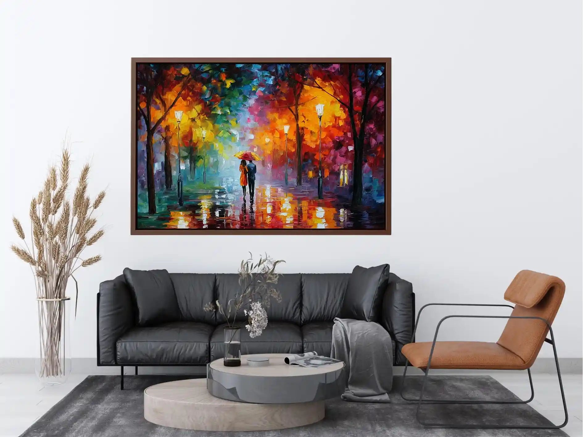 Colorful rainy park canvas art for cozy living room decor.