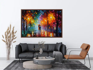 Colorful rainy park canvas art for cozy living room decor.