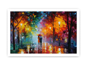 Colorful rainy park canvas art for cozy living room decor.