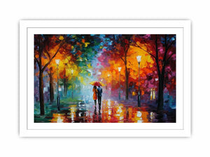 Colorful rainy park canvas art for cozy living room decor.