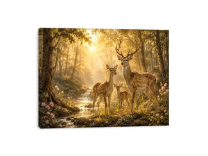 Deer family forest canvas art for warm nature inspired home decor.