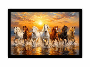 Horses running through ocean surf canvas art for statement decor.