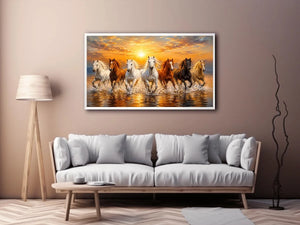 Horses running through ocean surf canvas art for statement decor.