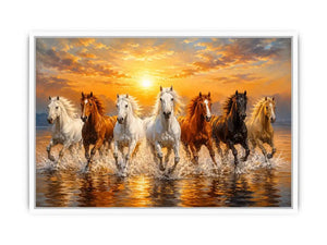 Horses running through ocean surf canvas art for statement decor.
