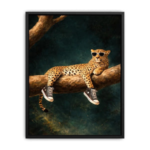 Funny leopard canvas art with sunglasses for bold modern decor.