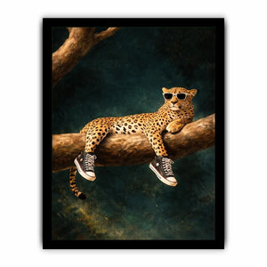 Funny leopard canvas art with sunglasses for bold modern decor.