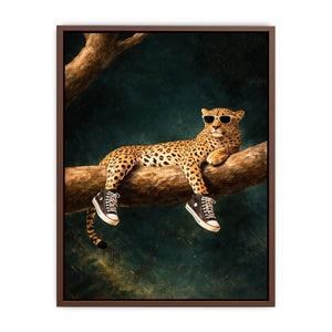 Funny leopard canvas art with sunglasses for bold modern decor.