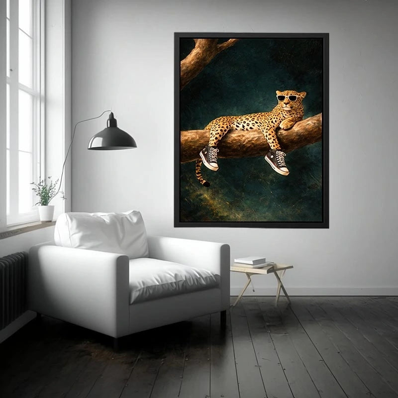 Funny leopard canvas art with sunglasses for bold modern decor.