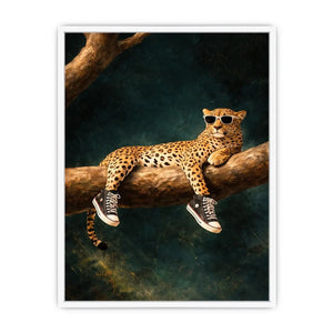 Funny leopard canvas art with sunglasses for bold modern decor.