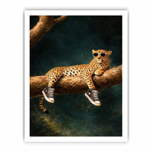 Funny leopard canvas art with sunglasses for bold modern decor.