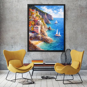 Mediterranean cliffside village canvas art for coastal living room decor.