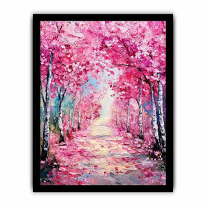 Pink blossom pathway canvas art in impressionist style for elegant bedroom decor.