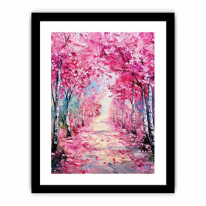 Pink blossom pathway canvas art in impressionist style for elegant bedroom decor.