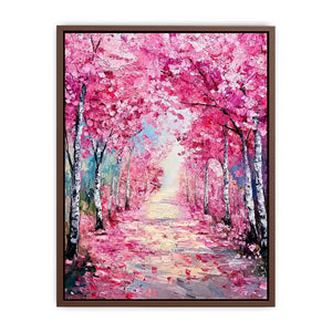 Pink blossom pathway canvas art in impressionist style for elegant bedroom decor.